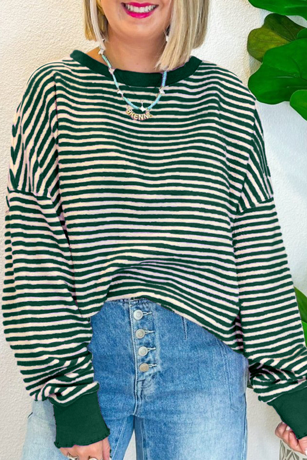 Green Stripe Drop Shoulder Long Sleeve Top