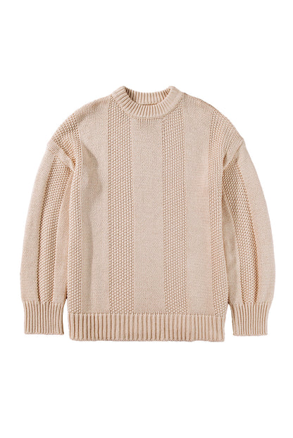 Pale Khaki Solid Color Ribbed Knit Round Neck Sweater