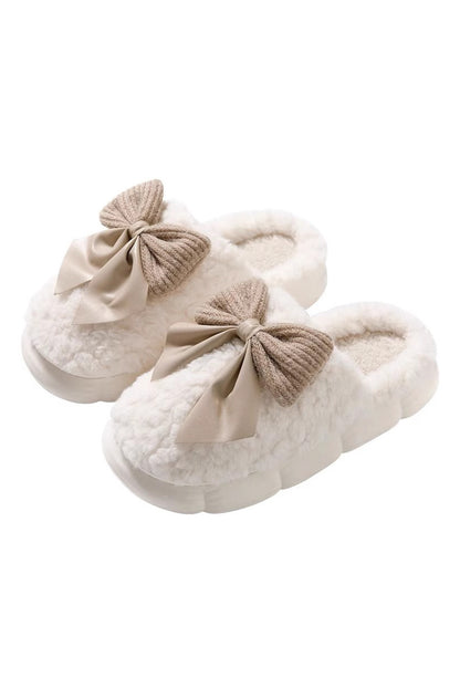 Pink Contrast Bowknot Applique Plush Winter Slippers(back-order Estimated Shipping Date：11/30/2024)