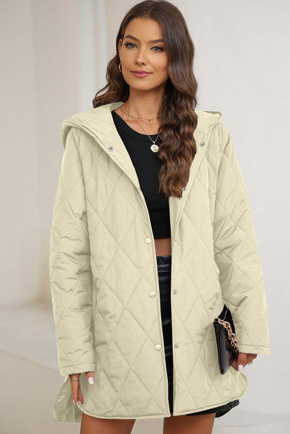 Beige Quilted Snap Button Hooded Puffer Coat