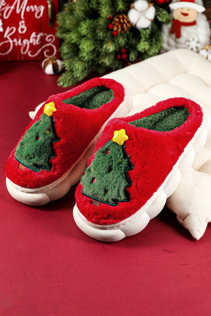 Fiery Red Christmas Tree Graphic Plush Slippers(back-order Estimated Shipping Date：11/30/2024)