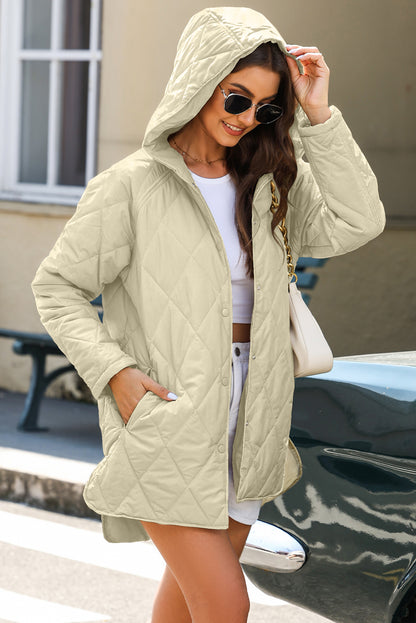 Beige Quilted Snap Button Hooded Puffer Coat