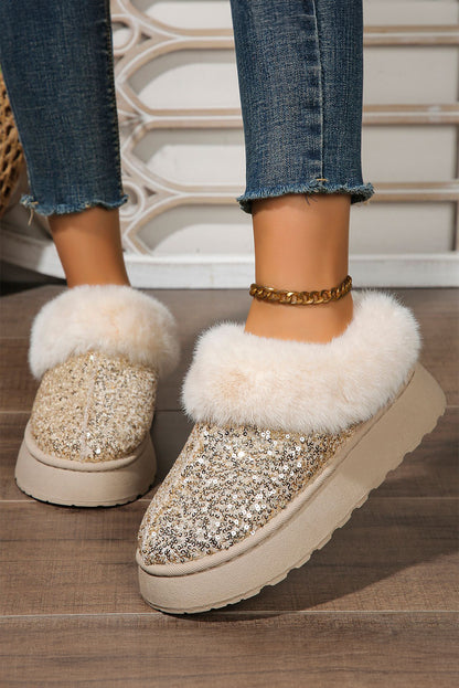 Gold Sequin Plush Lined Thick Sole Snow Boots(back-order Estimated Shipping Date：11/30/2024)