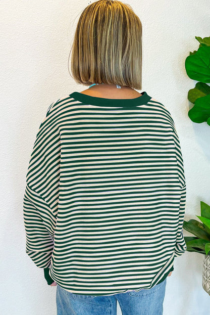 Green Stripe Drop Shoulder Long Sleeve Top