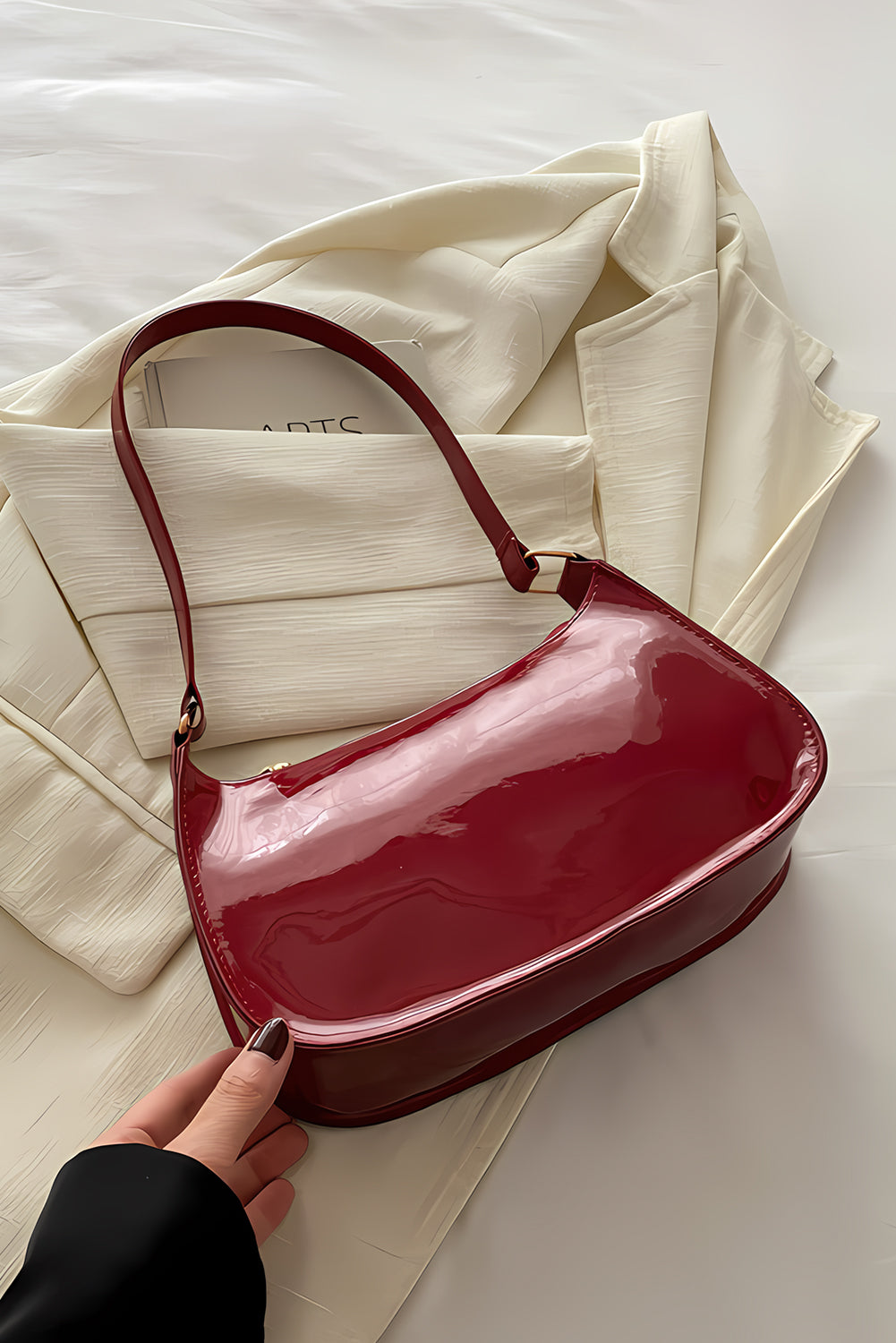 Fiery Red Patent Leather Zipper Shoulder Bag