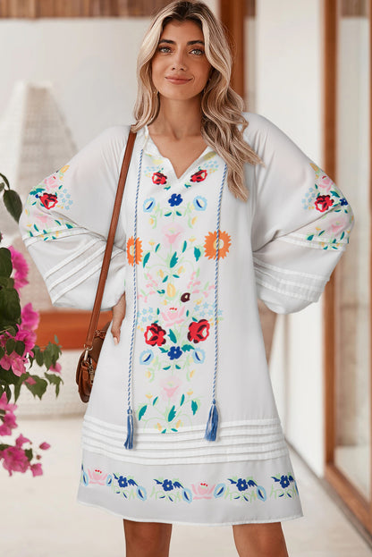 White Boho Floral Tassel Tie V Neck Mini Dress