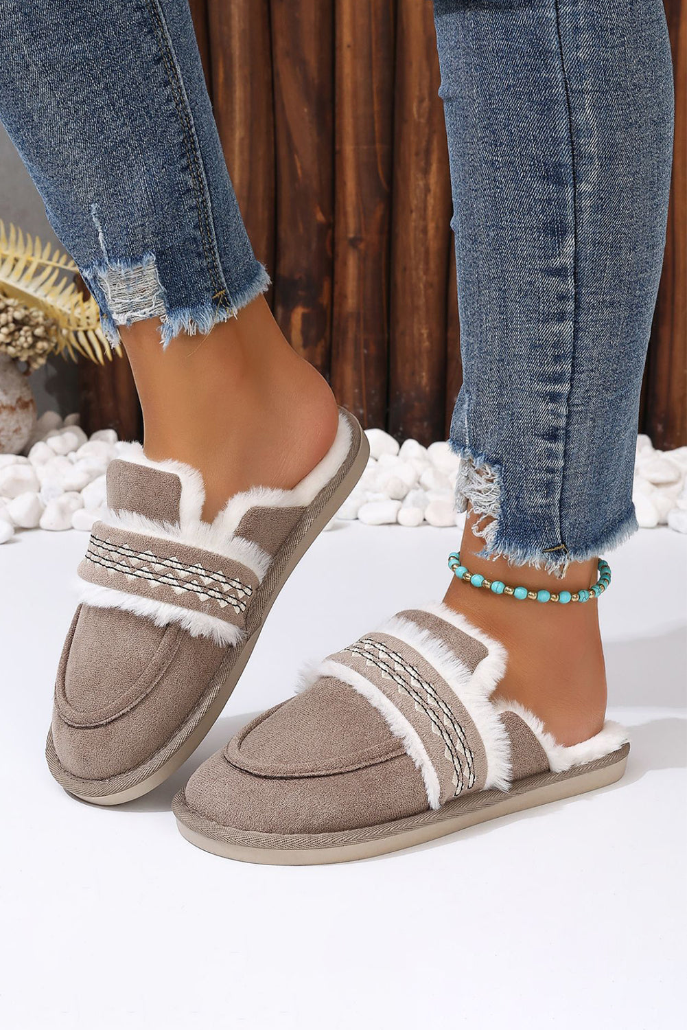 Gray Suede Wavy Striped Plush Lined Home Slippers(back-order Estimated Shipping Date：11/30/2024)