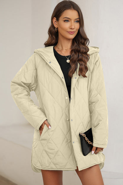 Beige Quilted Snap Button Hooded Puffer Coat