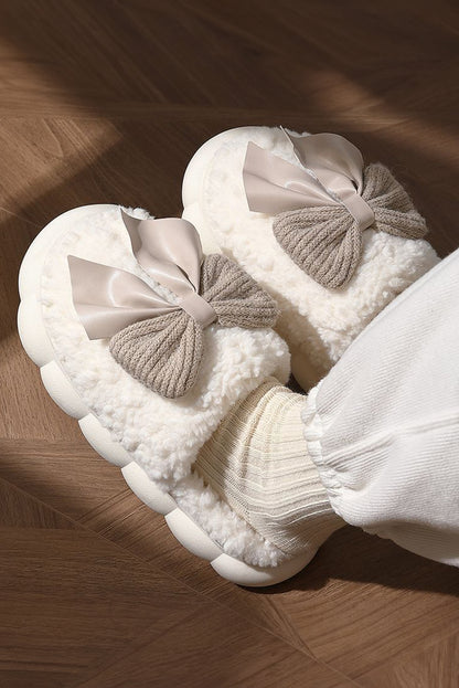 Pink Contrast Bowknot Applique Plush Winter Slippers(back-order Estimated Shipping Date：11/30/2024)