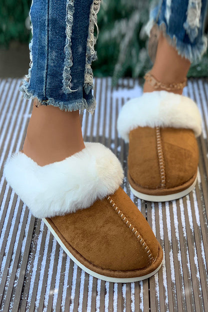 Camel Suede Plush Thick Sole Slides Shoes(back-order Estimated Shipping Date：11/30/2024)