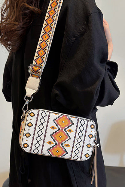 White Geometric Print PU Leather Square Bag