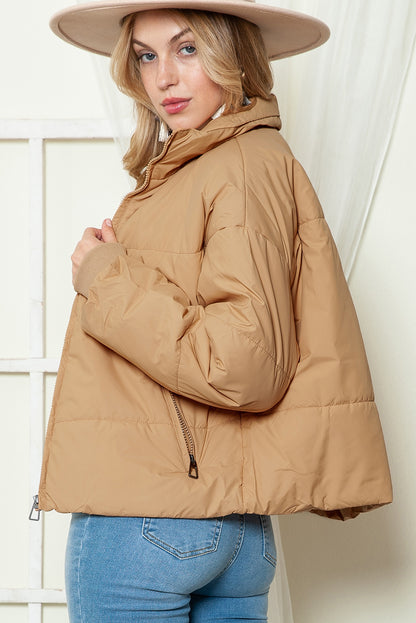 Brown Solid Zip Up Pocketed Puffer Coat