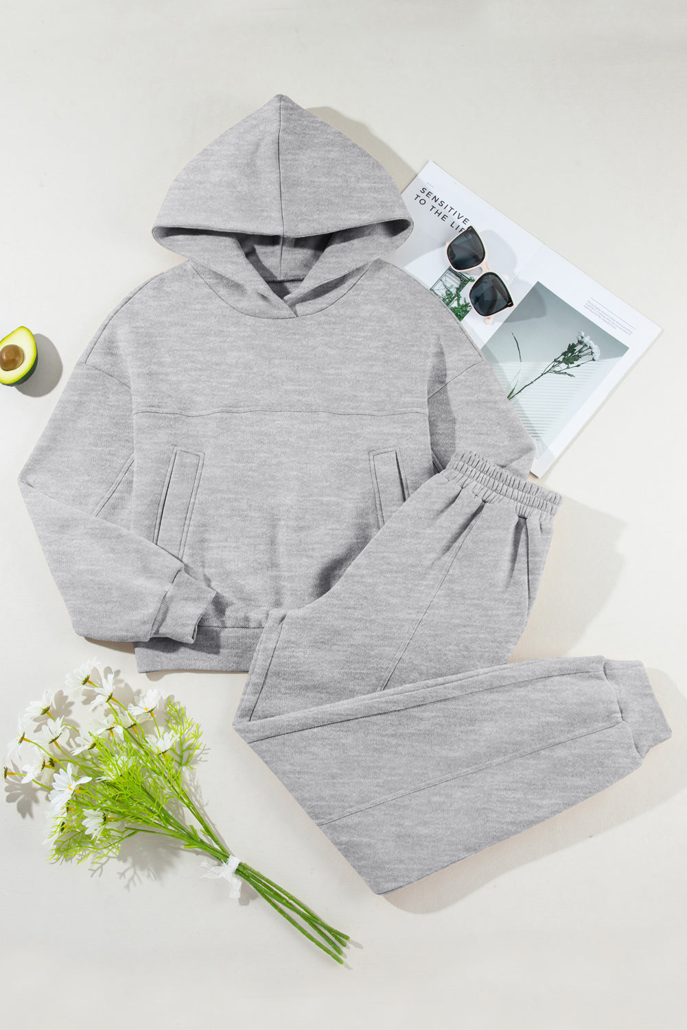 Gray Solid Exposed Seams Hoodie and Jogger Set