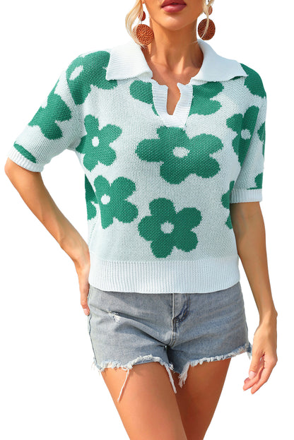 Mint Green 60s Vintage Flower Print Lapel Knit Top