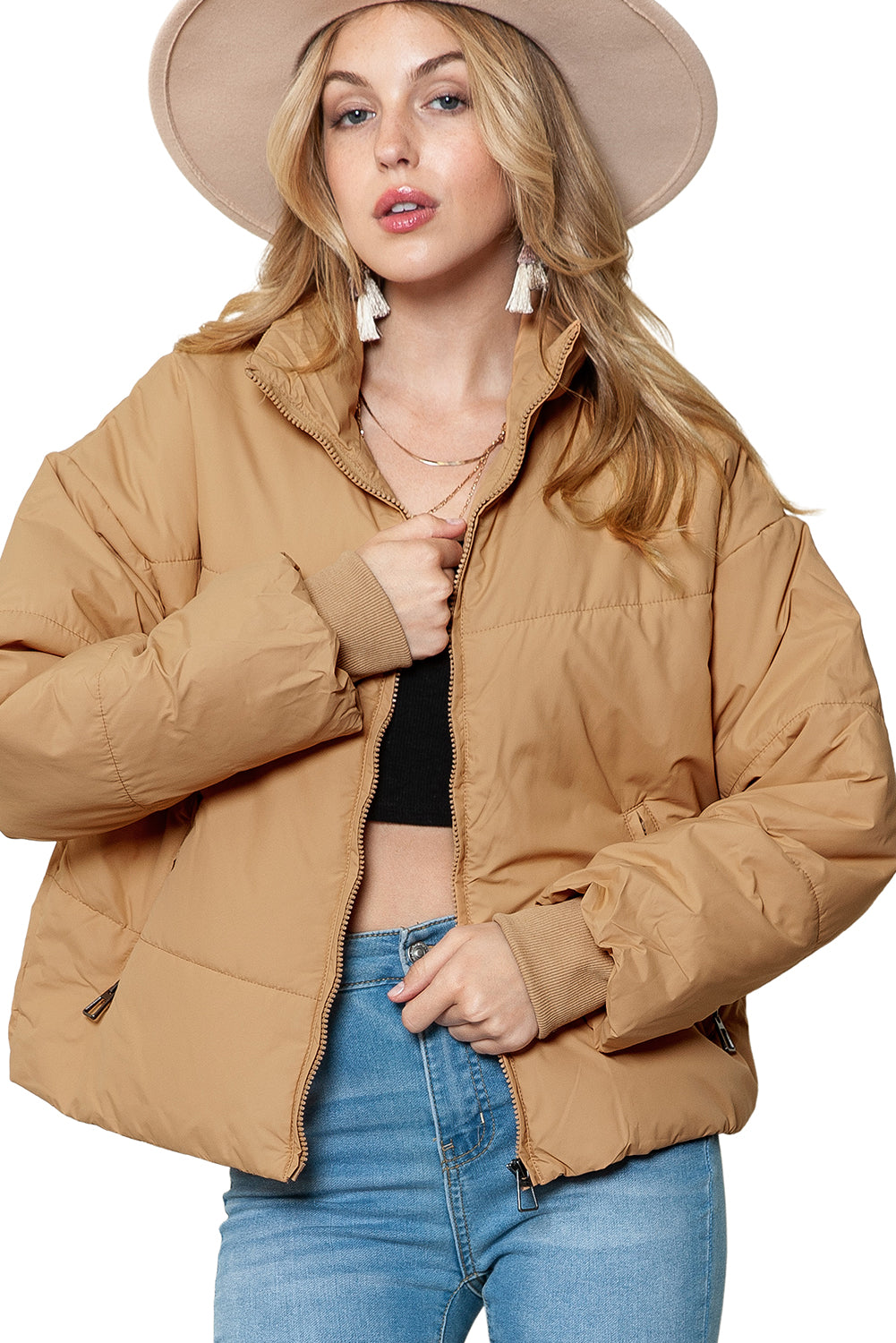 Brown Solid Zip Up Pocketed Puffer Coat