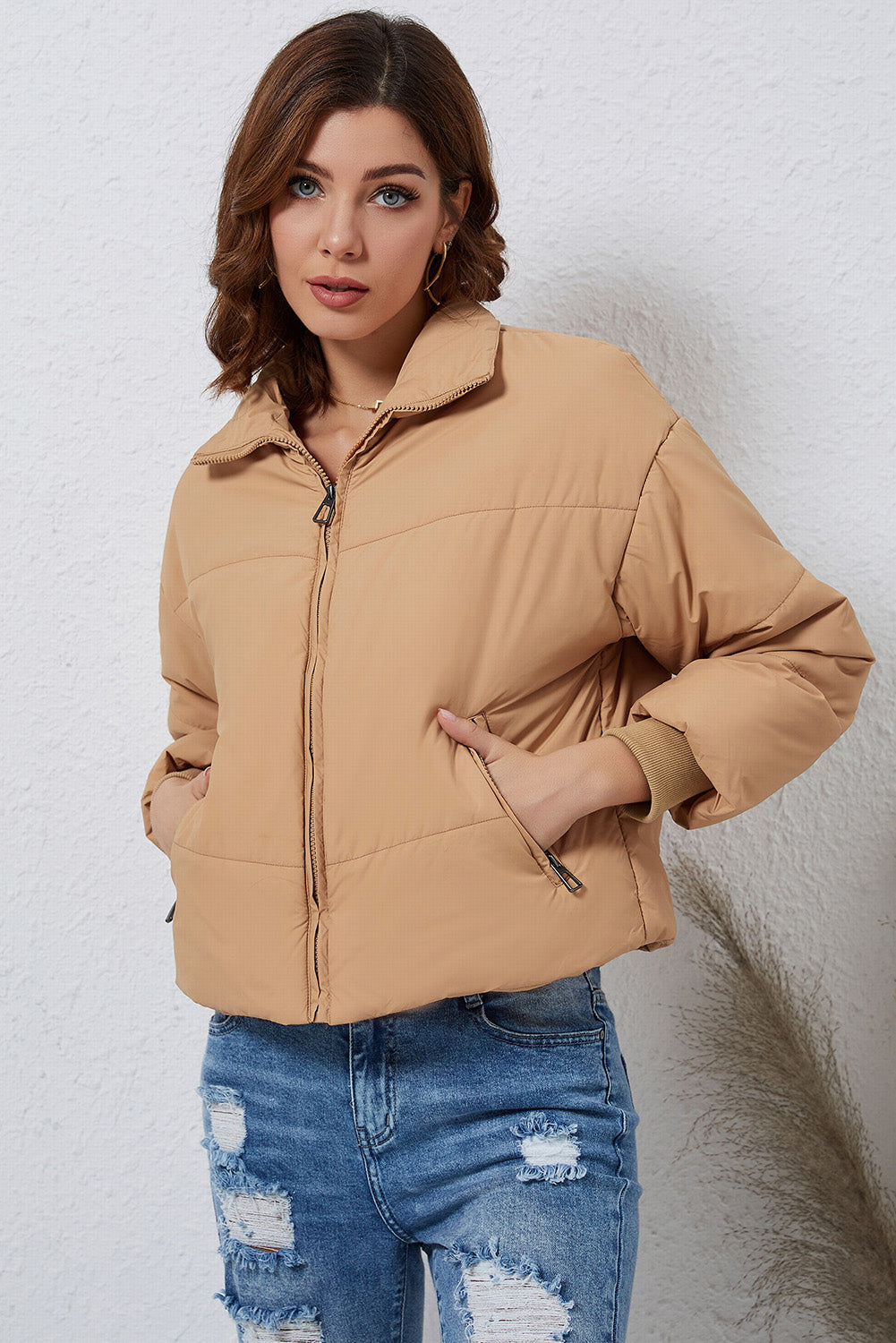 Brown Solid Zip Up Pocketed Puffer Coat