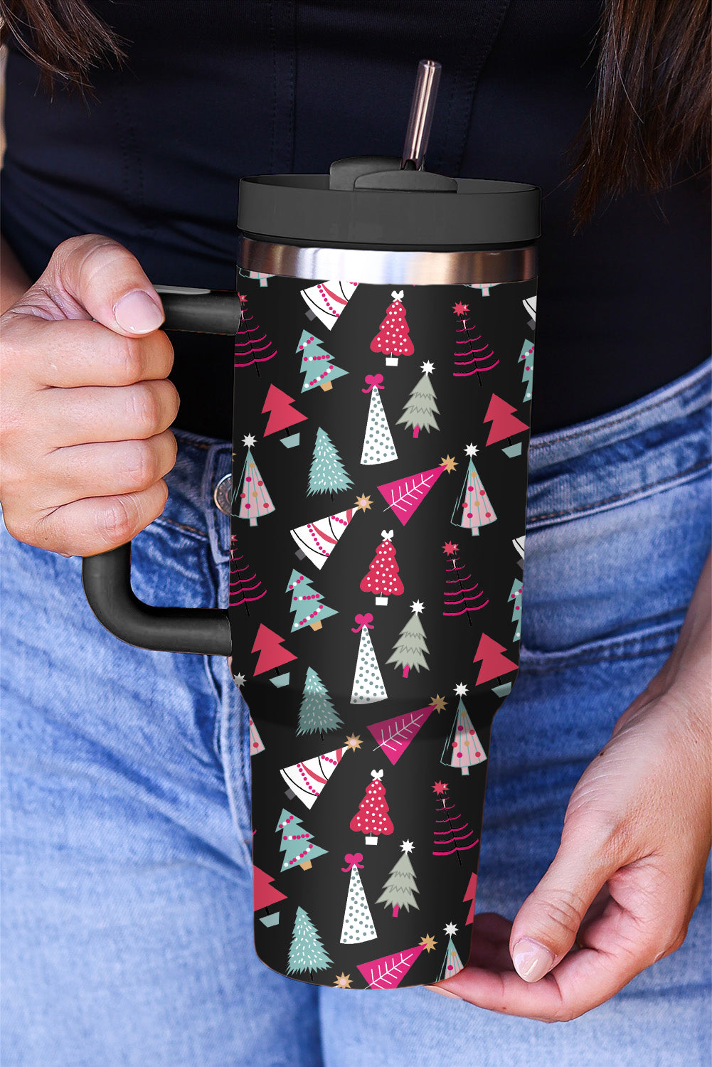 White Cartoon Christmas Tree Printed Thermos Cup