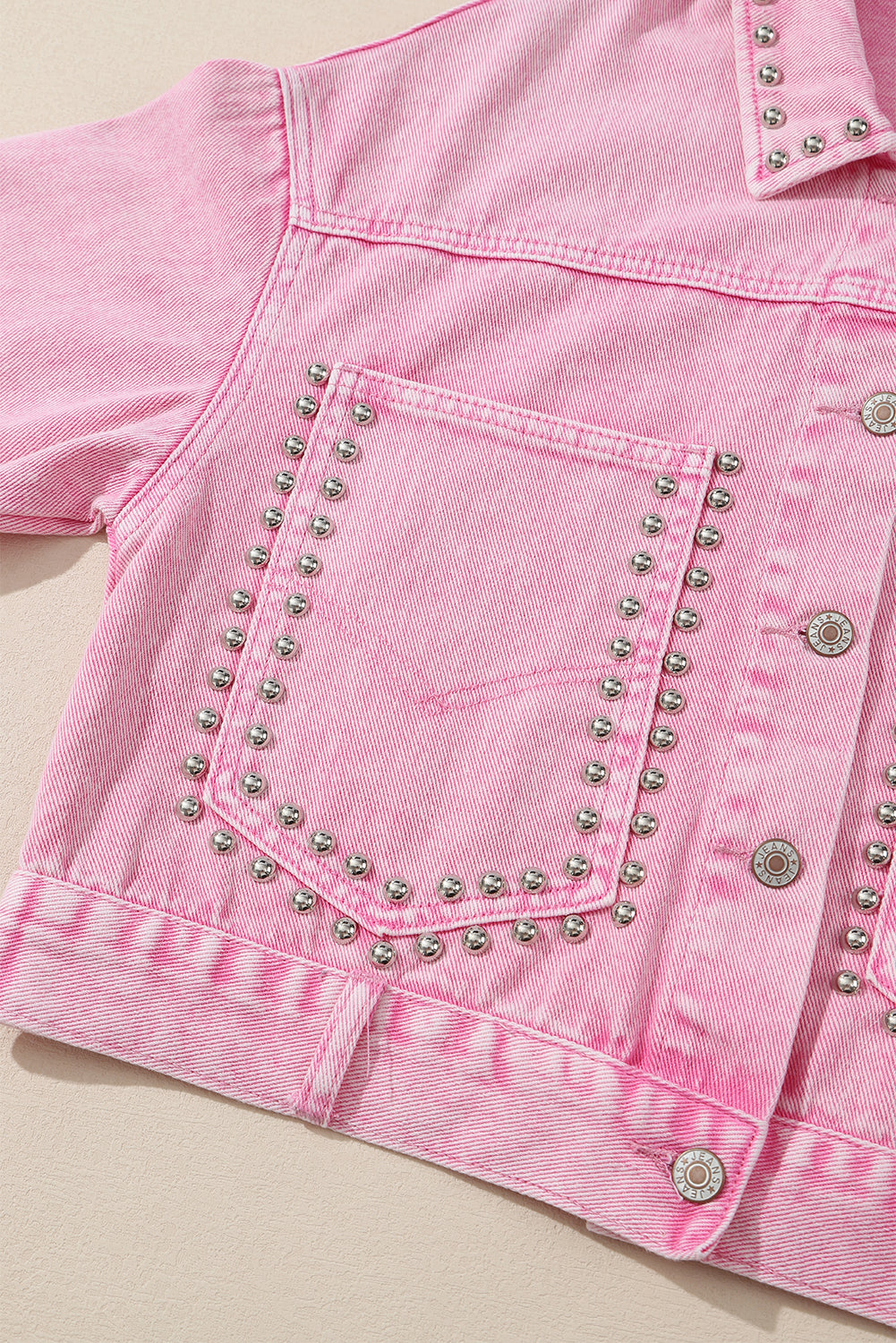 Pink Rivets Pocketed Cropped Denim Jacket