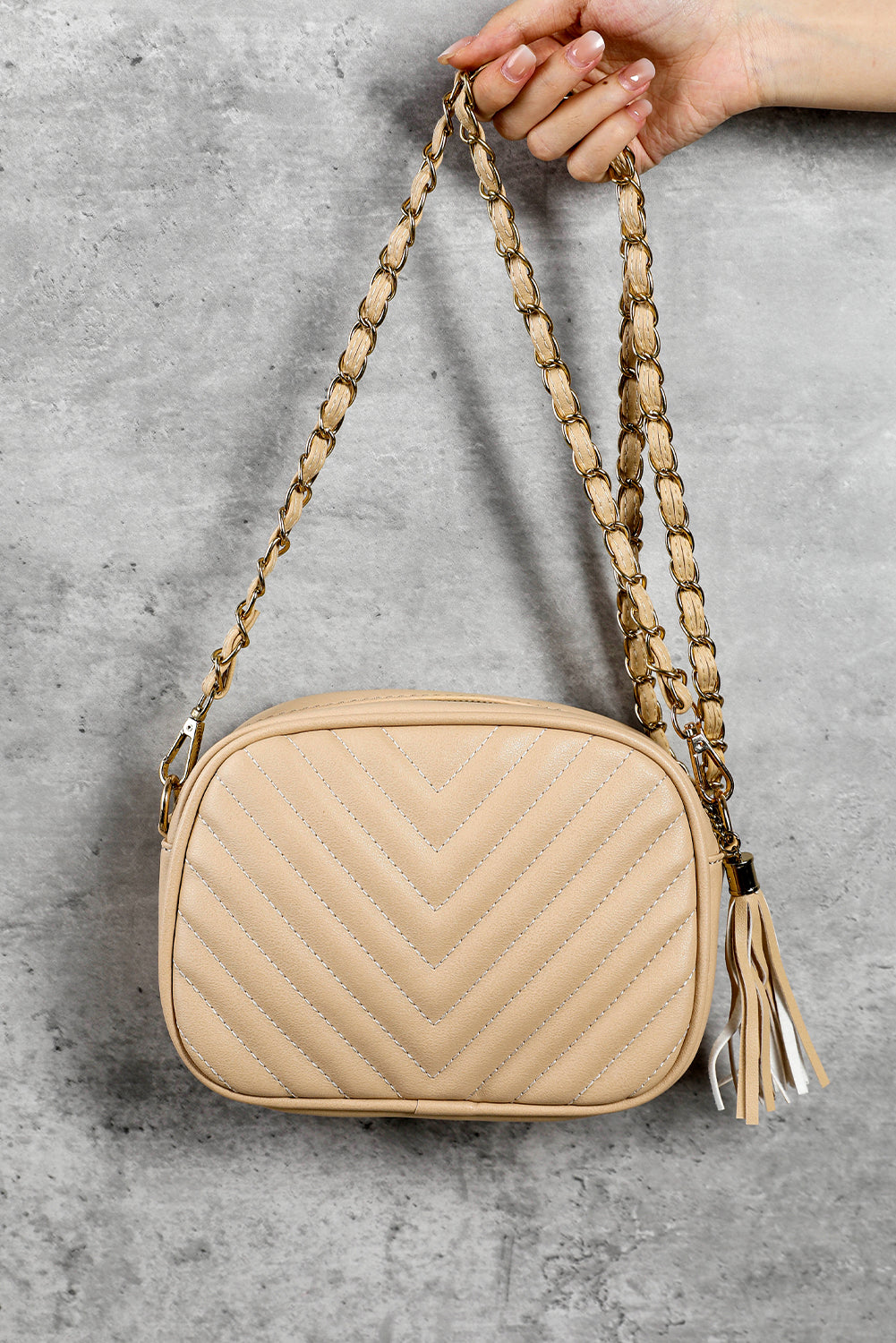 Oatmeal Chevron Stitch PU Leather Chain Strap Shoulder Bag