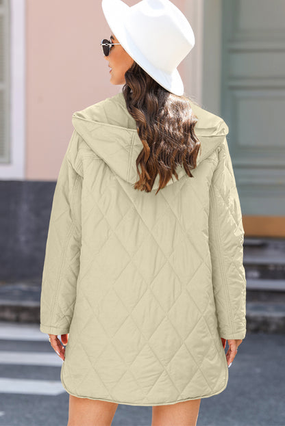 Beige Quilted Snap Button Hooded Puffer Coat