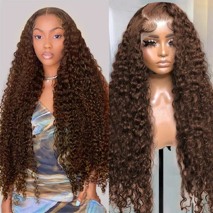 30 38  Inch Hd Chocolate Brown Colored 13x4 13x6 Deep Wave Lace Front Human Hair Wigs 5x5  Curly