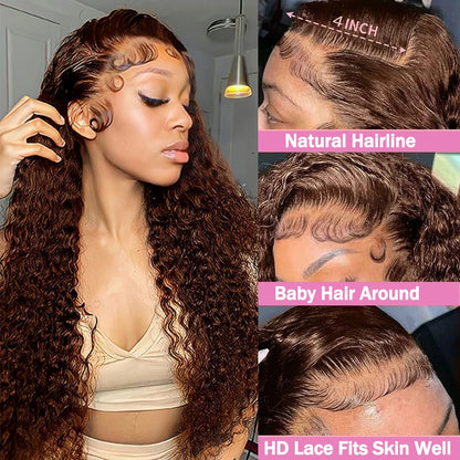 30 38 Inch Hd Chocolate Brown #4 Colored 13x4 13x6 Curly Lace Front Wigs Deep Wave Lace Frontal Human Hair Wig