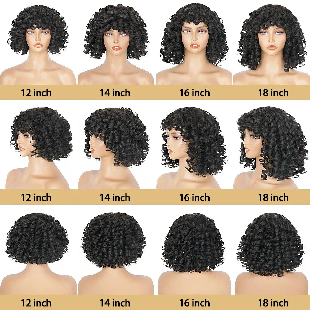 Big Curly Bob Wigs with Bangs Short Rose Curly Brazilian Virgin Human Hair