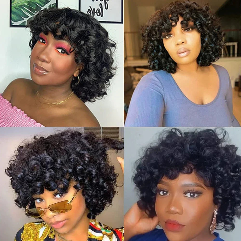 Big Curly Bob Wigs with Bangs Short Rose Curly Brazilian Virgin Human Hair