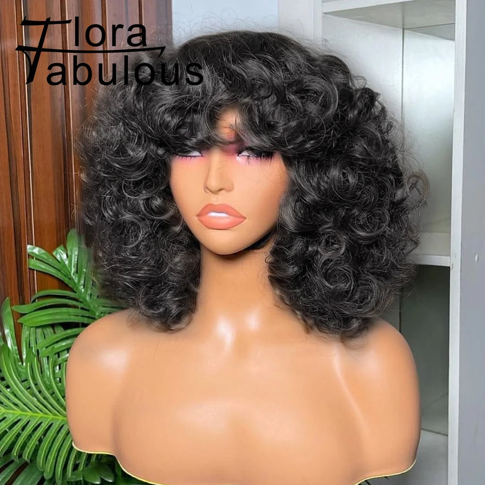 Big Curly Bob Wigs with Bangs Short Rose Curly Brazilian Virgin Human Hair