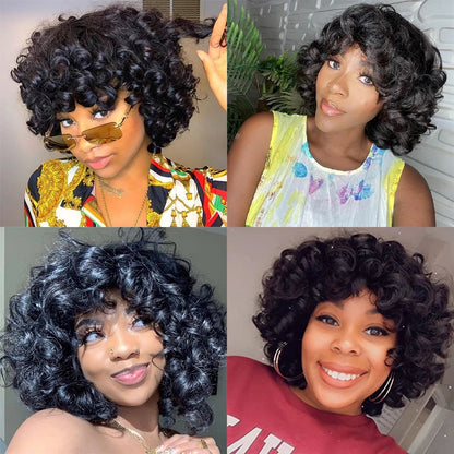 Big Curly Bob Wigs with Bangs Short Rose Curly Brazilian Virgin Human Hair