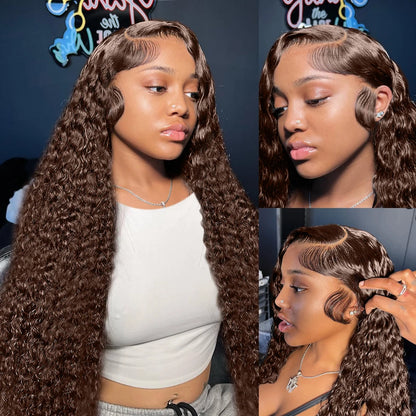 30 38  Inch Hd Chocolate Brown Colored 13x4 13x6 Deep Wave Lace Front Human Hair Wigs 5x5  Curly