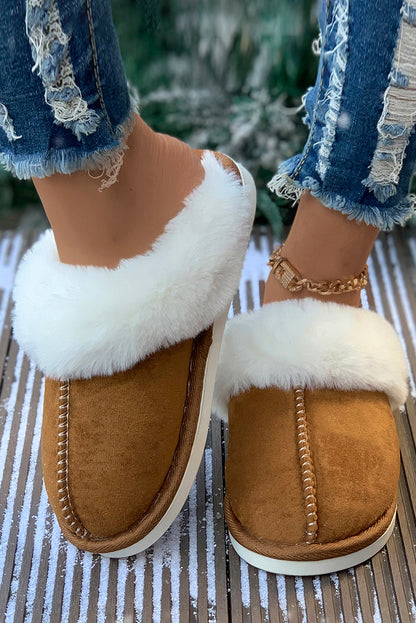 Camel Suede Plush Thick Sole Slides Shoes(back-order Estimated Shipping Date：11/30/2024)