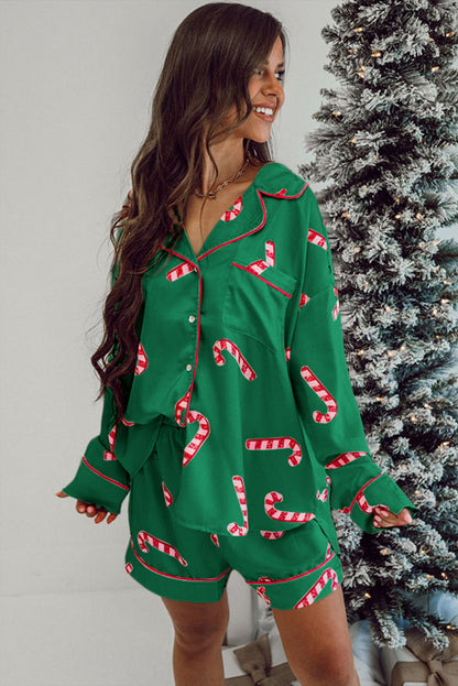 Pink Candy Cane Print Christmas Pajama Set