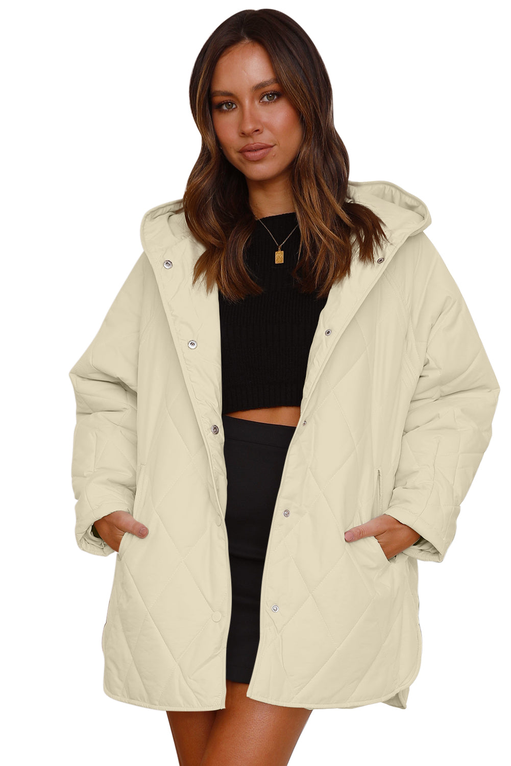 Beige Quilted Snap Button Hooded Puffer Coat