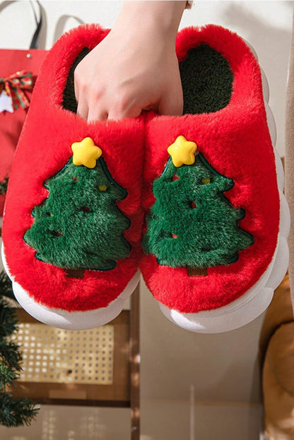 Fiery Red Christmas Tree Graphic Plush Slippers(back-order Estimated Shipping Date：11/30/2024)