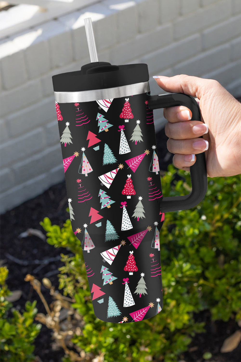 White Cartoon Christmas Tree Printed Thermos Cup