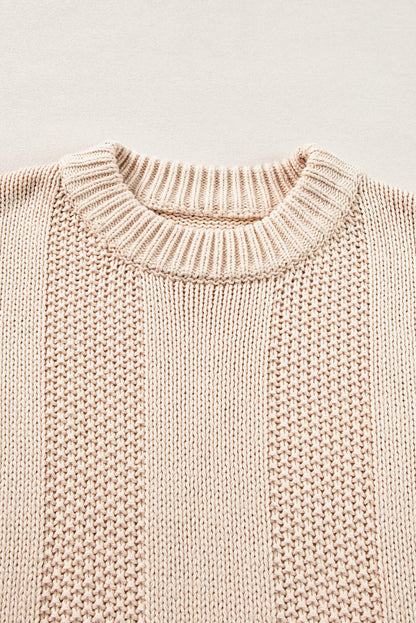 Pale Khaki Solid Color Ribbed Knit Round Neck Sweater