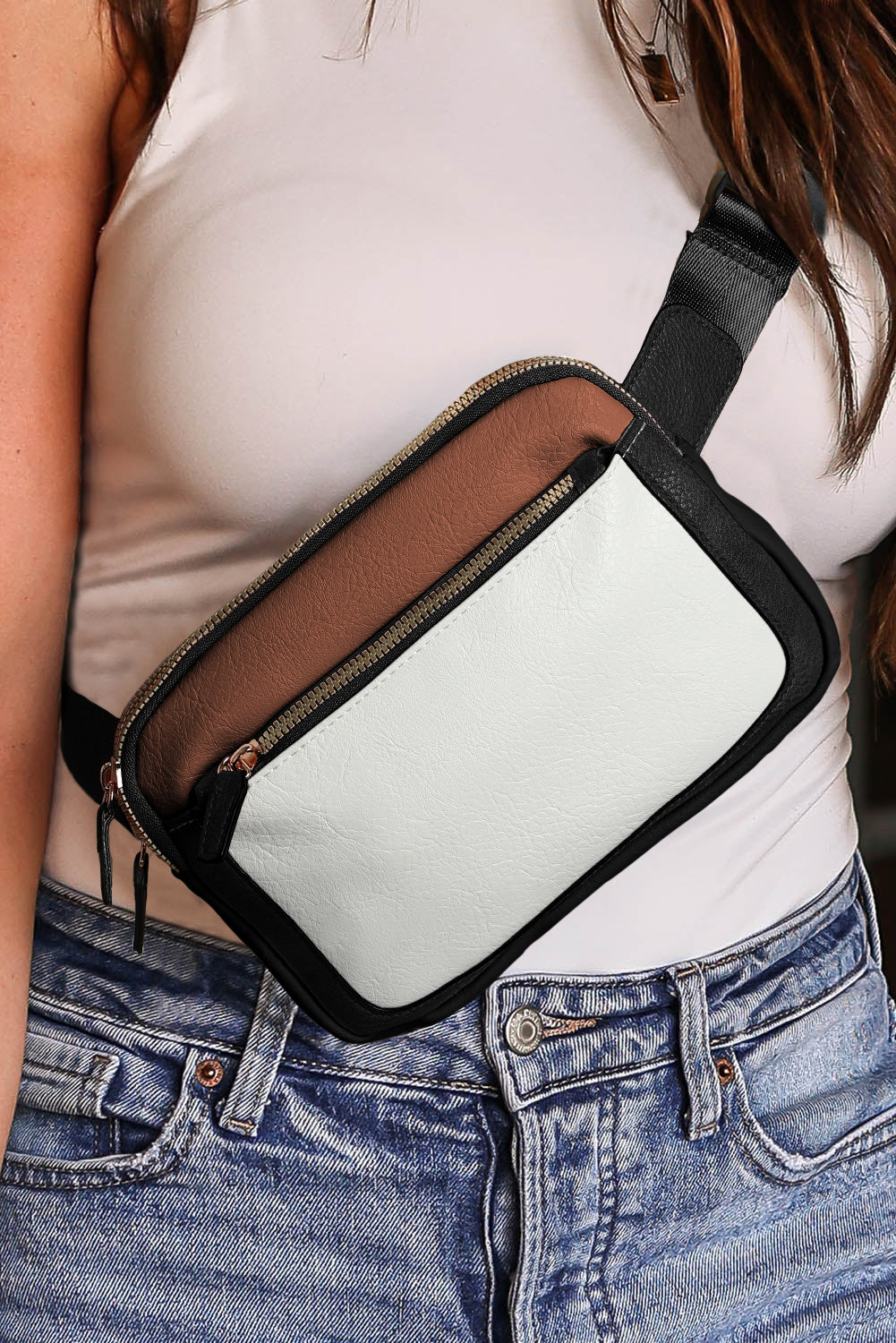 White Color Block Adjustable Belt PU Leather Crossbody Bag