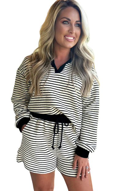 Black Stripe Collared Long Sleeve Top and Drawstring Shorts Set