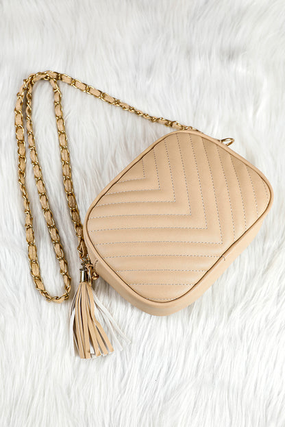 Oatmeal Chevron Stitch PU Leather Chain Strap Shoulder Bag