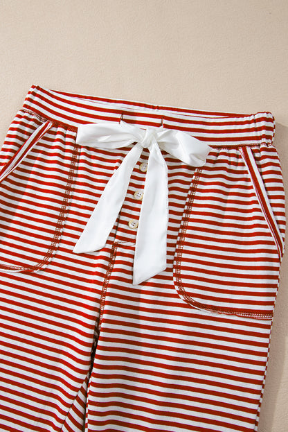 Red Stripe Buttoned V Neck Top and Knotted Waist Pants Pajama Set