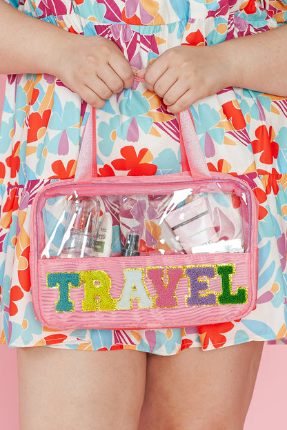 Black TRAVEL Chenille Letter Clear PVC Makeup Bag