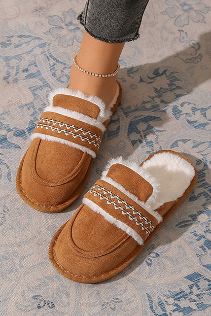 Gray Suede Wavy Striped Plush Lined Home Slippers(back-order Estimated Shipping Date：11/30/2024)