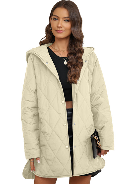 Beige Quilted Snap Button Hooded Puffer Coat