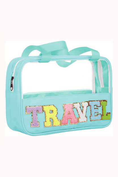 Black TRAVEL Chenille Letter Clear PVC Makeup Bag