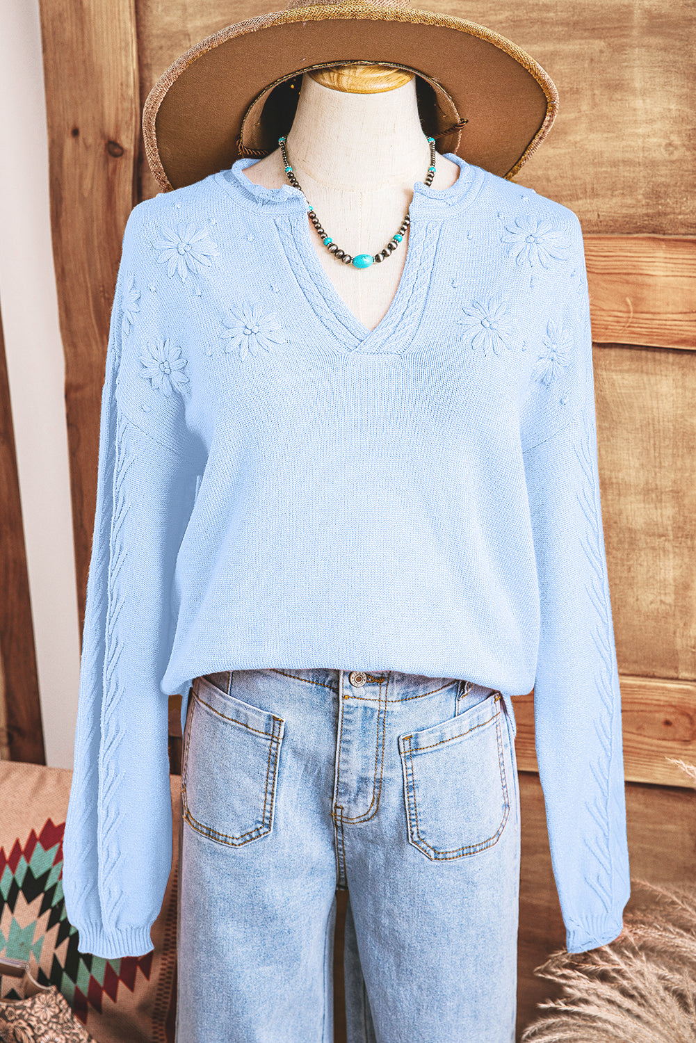 Beau Blue Flower Pattern Knitted Notched Neck Sweater