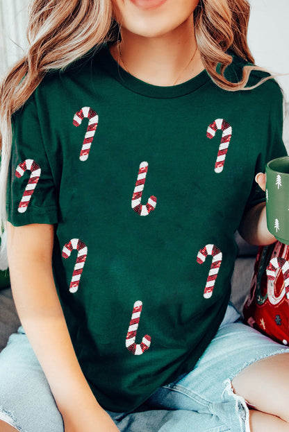 Green Christmas Candy Cane Round Neck T Shirt