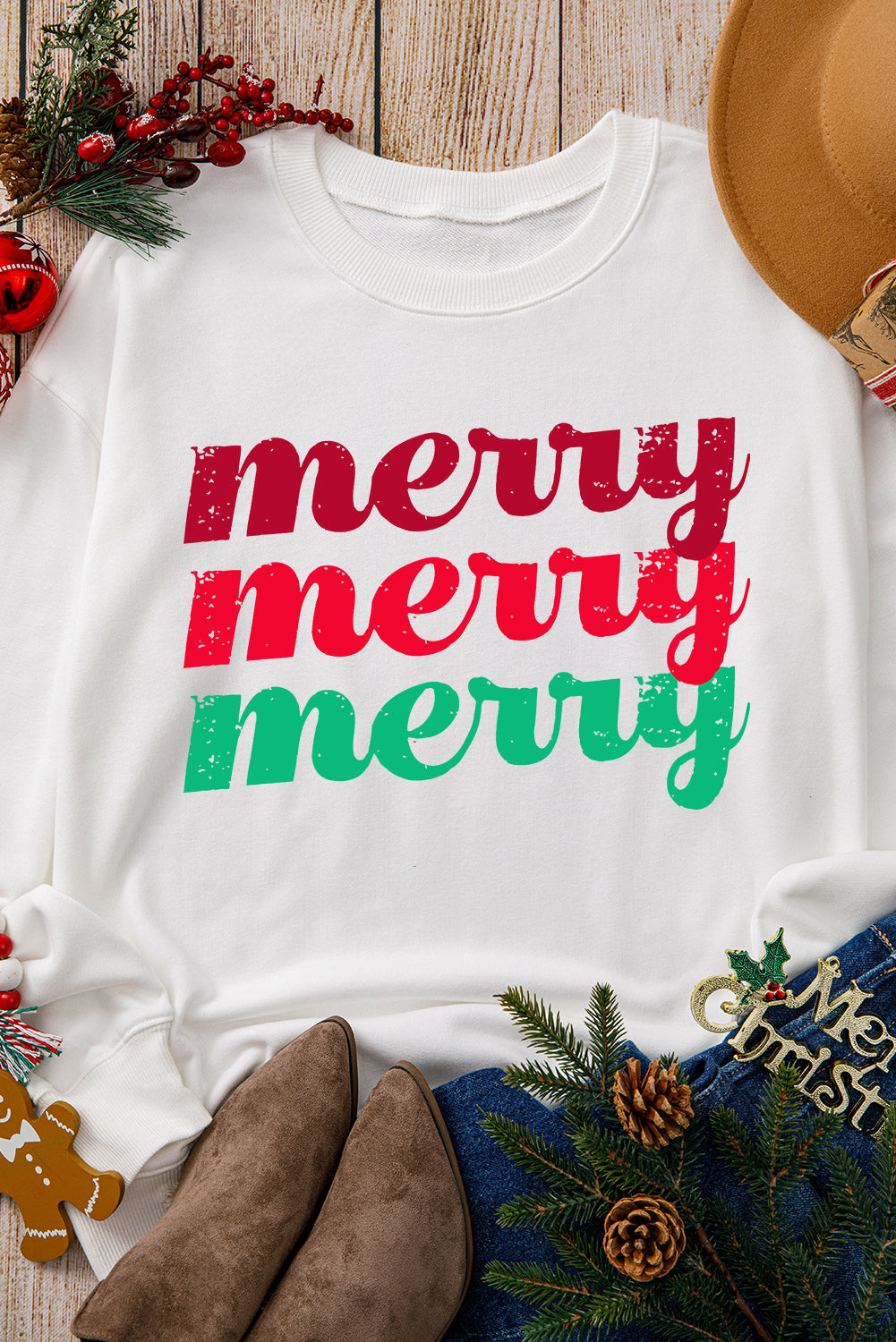 Beige merry merry merry Christmas Wish Printed Sweatshirt