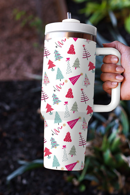 White Cartoon Christmas Tree Printed Thermos Cup