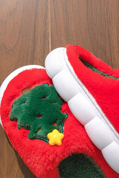 Fiery Red Christmas Tree Graphic Plush Slippers(back-order Estimated Shipping Date：11/30/2024)